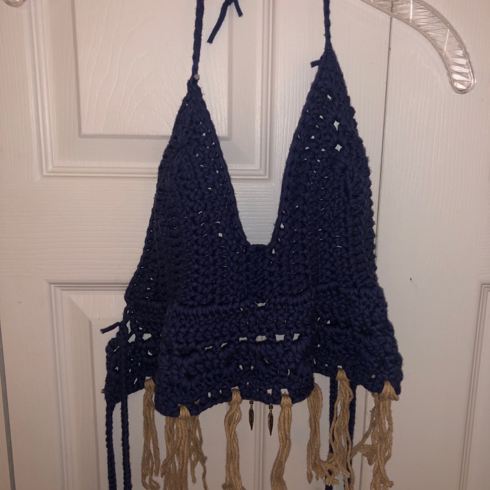 Dark blue crocheted halter top